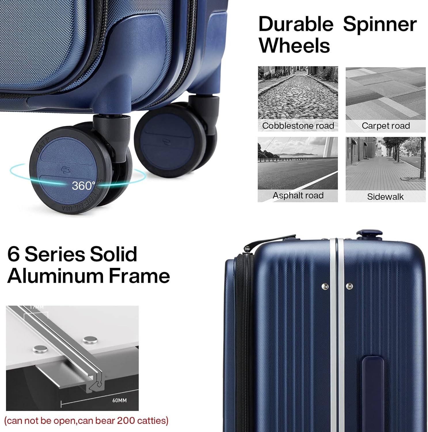 Hanke Upgrade 24" Checked In Suitcase with Front Laptop Pocket, Rolling Luggage with Spinner Wheels and TSA Lock,Aluminum Frame PC Hardside Travel Luggage for woman man, 24-inch Smoke White - Image 6